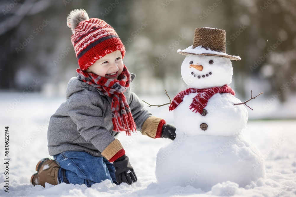 Little boy kneeling playing with a snow man