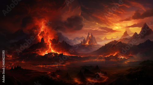 Muspelheim Realm of the Fire With Volcano and Magma Of The Fantasy Norse Mythology And Viking Mythology. Nordic Mythology Landscape. Generative AI