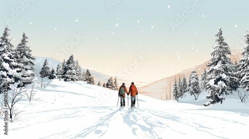 copy space, hand drawn vector illustration, couple walking in the show on snowshoes. Illustration for publicity on a ski resort. Copy space available. Winter sports theme. Couple walking in a winter l © Dirk