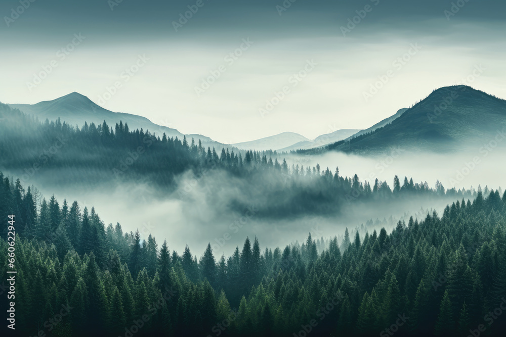 Aerial view landscape of Misty foggy mountain hills and forest, Beautiful fresh green natural scenery of hilltop, relax time with greenery tree in the morning.