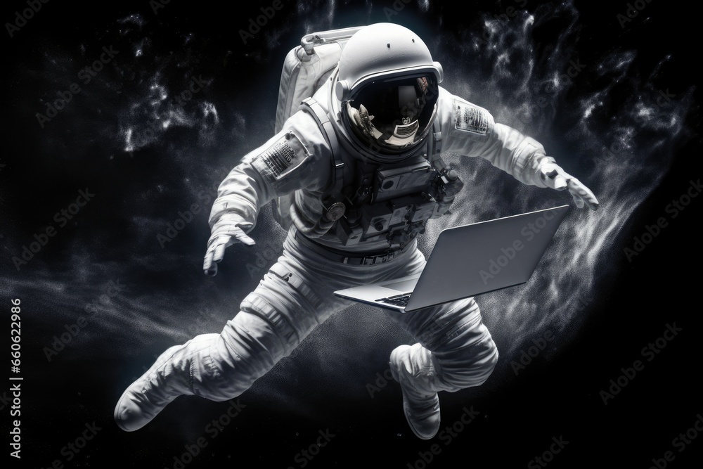 astronaut carrying a laptop on the moon
