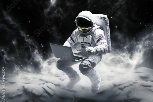 astronaut carrying a laptop on the moon