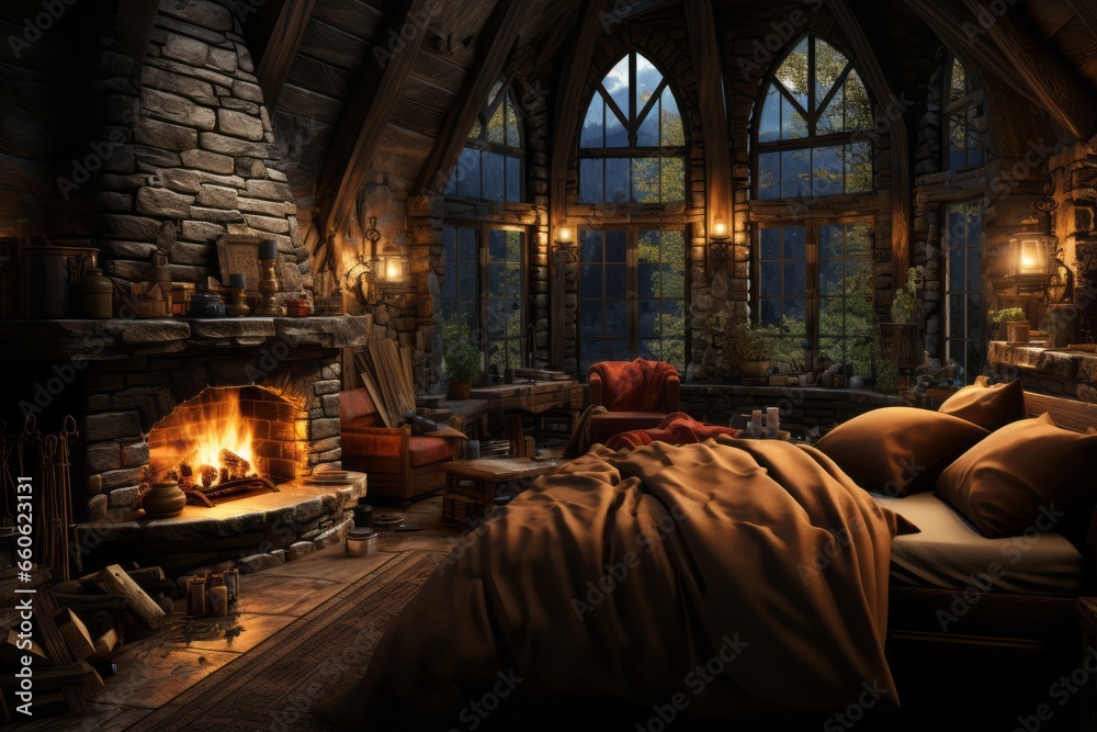 bedroom with log furniture, a stone fireplace, and plaid bedding