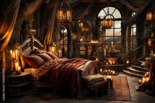 bedroom with red colors, a four - poster bed, and floating candles