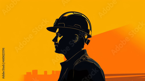Silhouette of happy construction worker in helmets, flat vector.