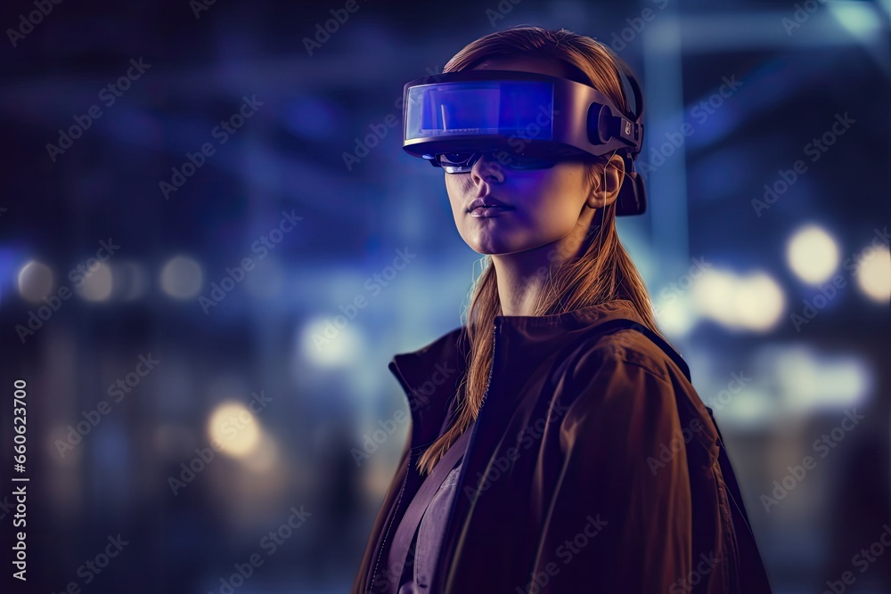 woman wearing virtual reality headset, metaverse woman wearing virtual reality headset, metaverse