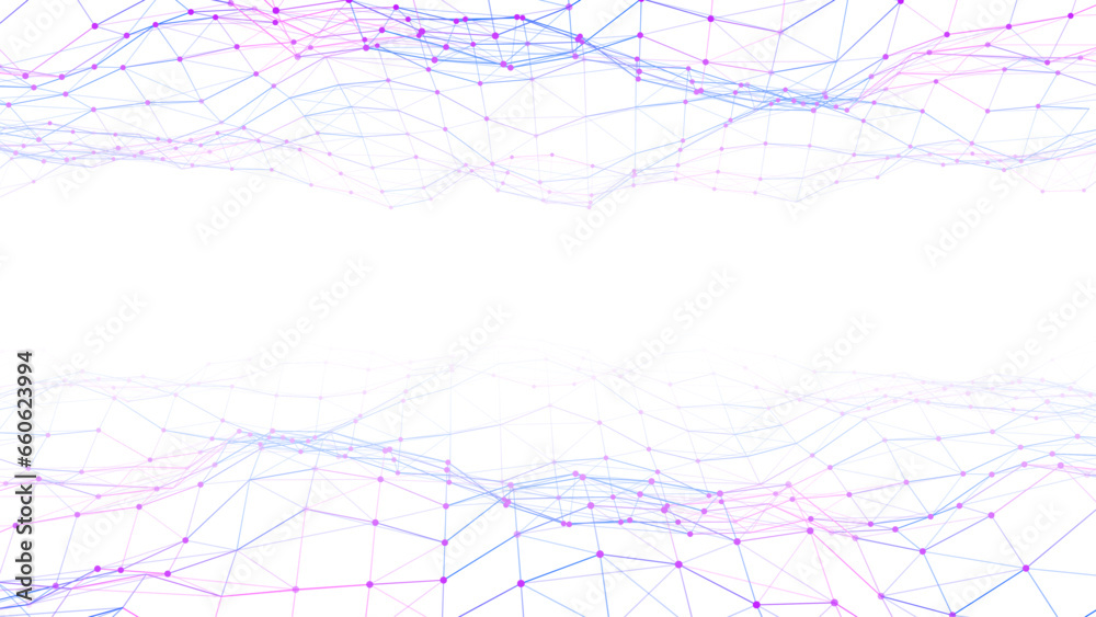 Double abstract technology wave with dots and lines. Flow of particles. Big data transfer visualization. Vector illustration.