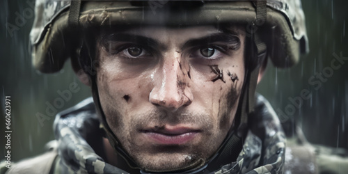 Portrait of a European army soldier in the ranks with selective focus, human enhanced. © JKLoma
