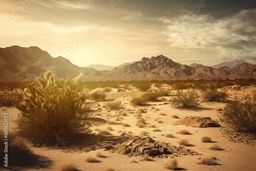 Artistic desert scenery with mountains as background. Generative AI