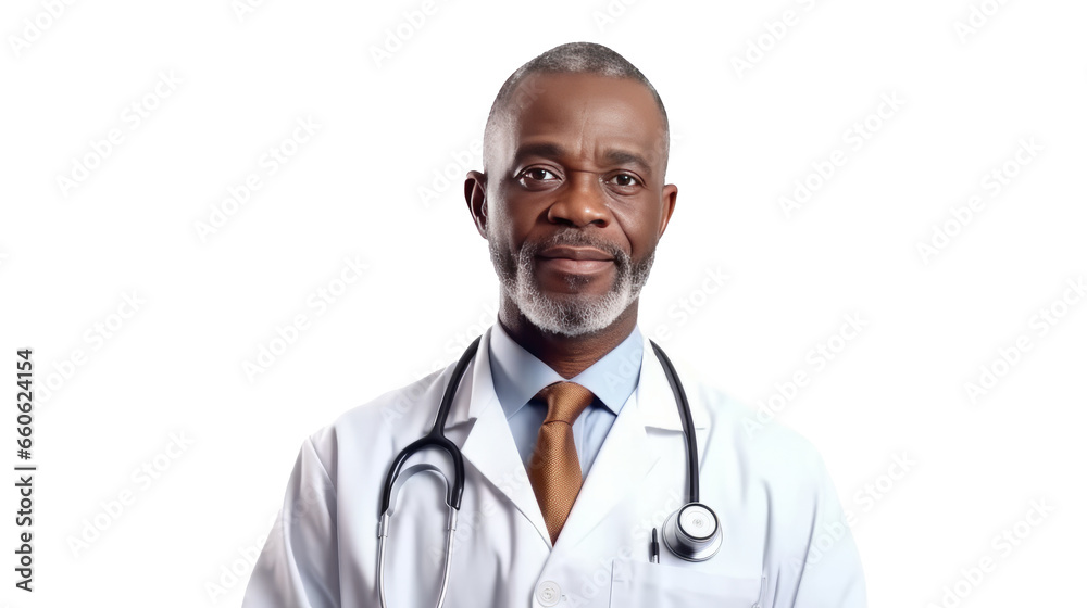 Portrait Of african male Doctor Wearing White Coat With Stethoscope.