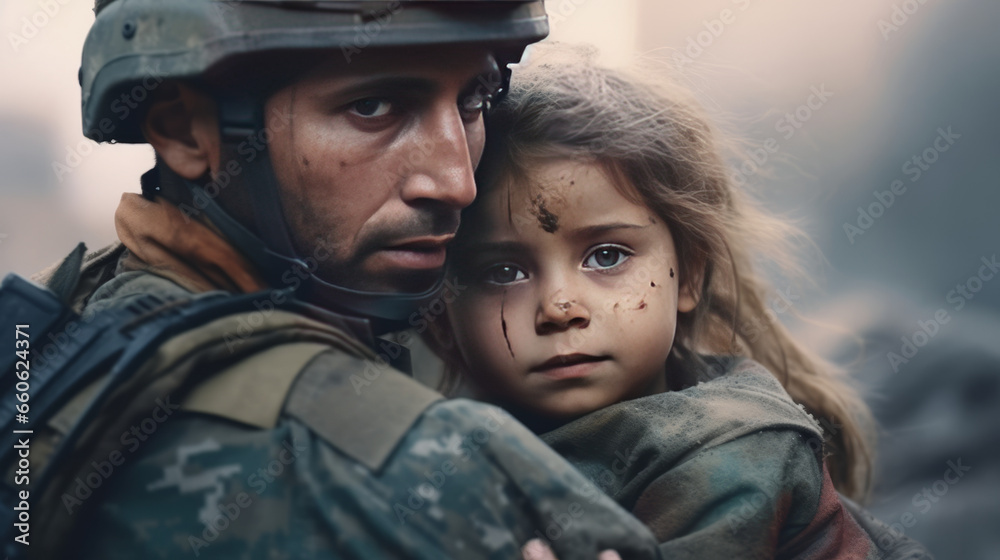 Soldier comforts sad child refugee amid war's destruction.