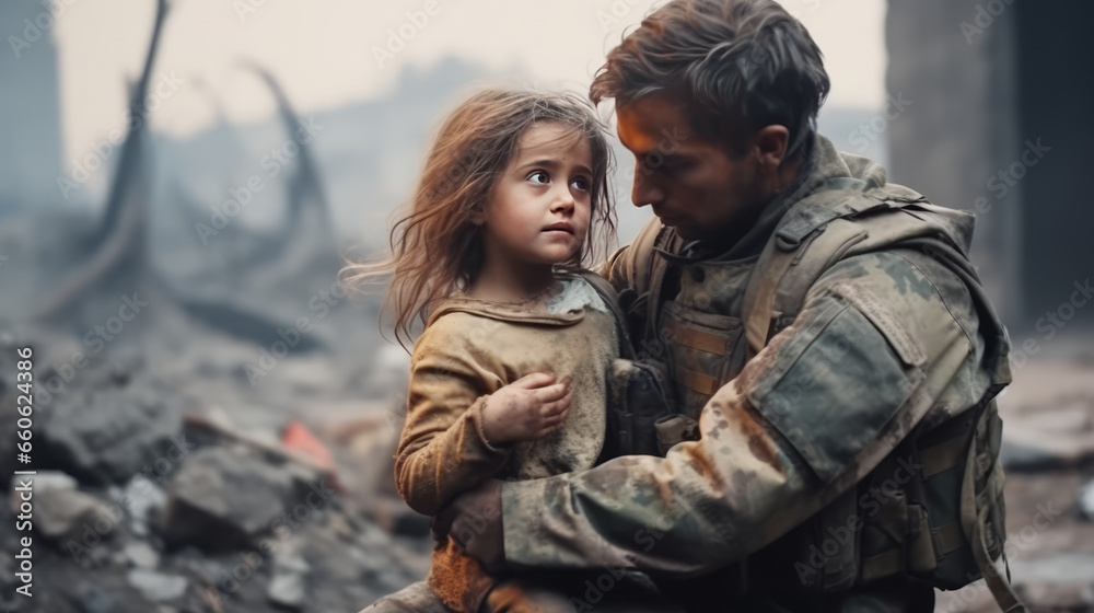 Soldier comforts sad child refugee amid war's destruction.
