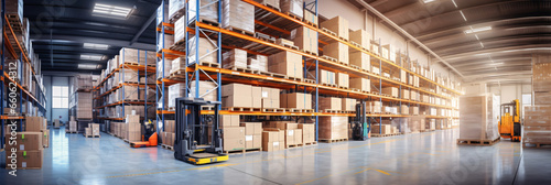 Warehouse or storehouse with rows of boxes on shelves. industrial background.