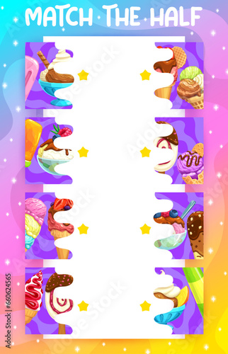 Match half of cartoon ice cream, kids game worksheet with chocolate sticks and vanilla cones, vector puzzle quiz. Find and match suitable half picture of sweet frozen desserts, icecream and gelato