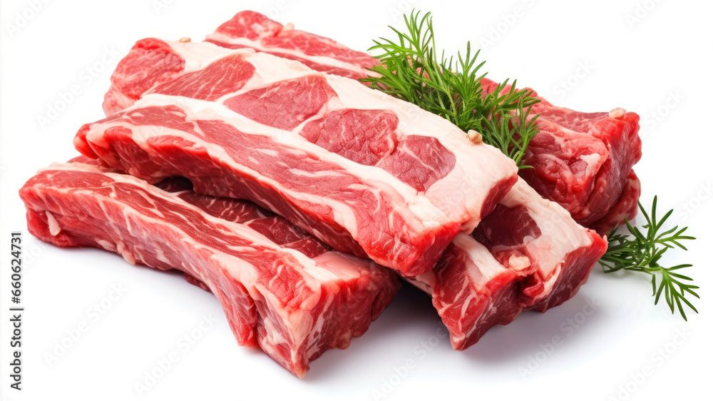 Raw pork ribs with dill and parsley isolated on white background Raw pork ribs with dill and parsley isolated on white background
