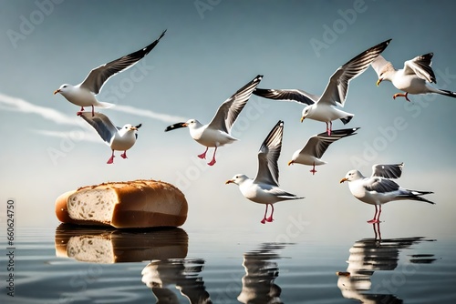 A group of seagulls squabbling over a piece of bread. photo