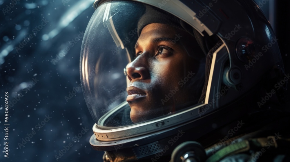 Black astronaut in spacesuit gazing through spaceship window Black astronaut in spacesuit gazing through spaceship window