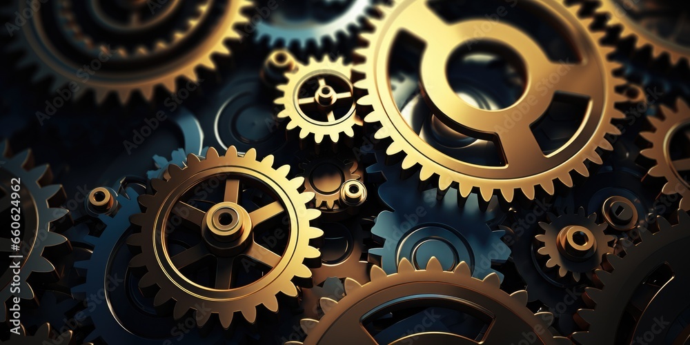 Elegant cog wheel assembly in gold and pale blue tones, perfect for an engineering backdrop Elegant cog wheel assembly in gold and pale blue tones, perfect for an engineering backdrop