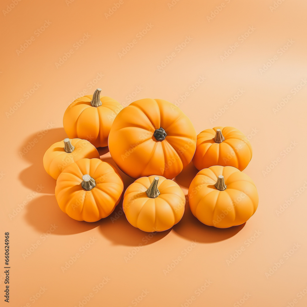 Isometric view of a pile of Halloween pumpkins on a minimal orange background, in the style of Halloween with cheerful bold colors. Isometric view of a pile of Halloween pumpkins on a minimal orange background, in the style of Halloween with cheerful bold colors.
