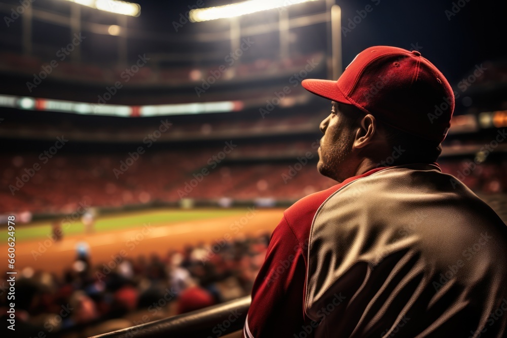 Man with a baseball cap, engrossed in a stadium match Man with a baseball cap, engrossed in a stadium match