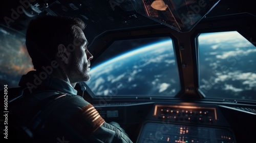 Spaceship pilot overlooking a distant planet from his cockpit