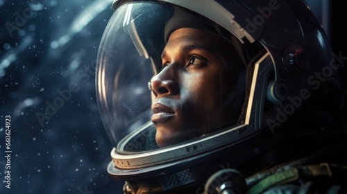 Black astronaut in spacesuit gazing through spaceship window photo