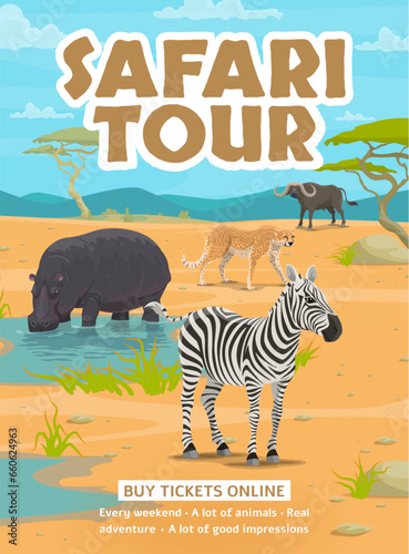 Safari tour flyer. Cartoon african animals. African travel advertising flyer, safari adventure promo vector poster or banner with hippopotamus, zebra, cheetah and buffalo african savannah animals