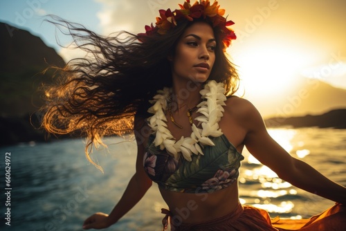 A Hawaiian hula dancer's gracious moves captured on a pristine beach, evoking island spirit photo