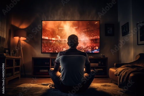 Engaged man wholly captivated by a gripping soccer match on his television set © Jan