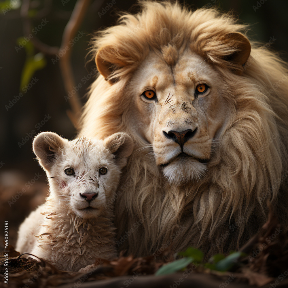 Fototapeta premium Lion with lamb in autumn forest