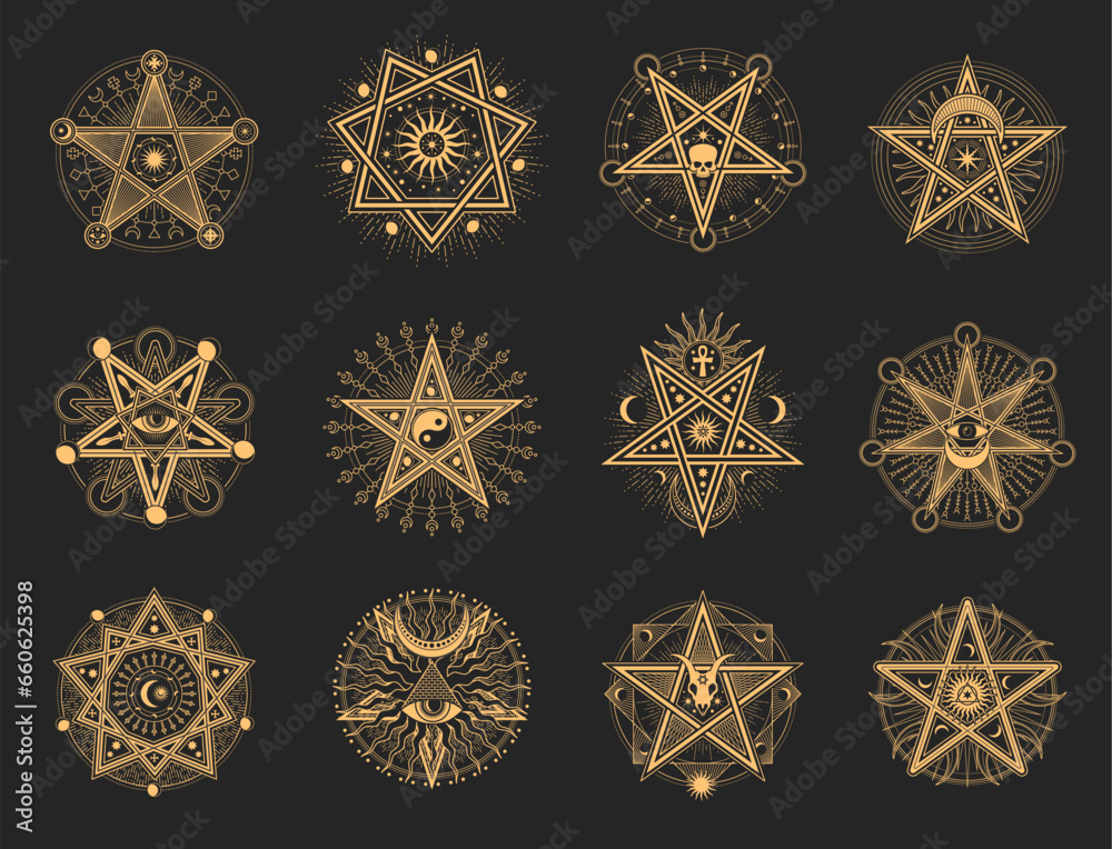 Esoteric occult pentagrams, mason or tarot symbols and vector pentacle and eye signs. Mason and illuminati pentagrams with Baphomet skull, star, sacred pyramid and Tarot occultism ritual symbols - obrazy, fototapety, plakaty 