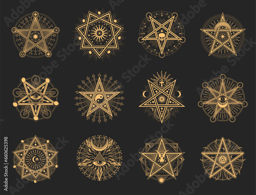 Esoteric occult pentagrams, mason or tarot symbols and vector pentacle and eye signs. Mason and illuminati pentagrams with Baphomet skull, star, sacred pyramid and Tarot occultism ritual symbols photo