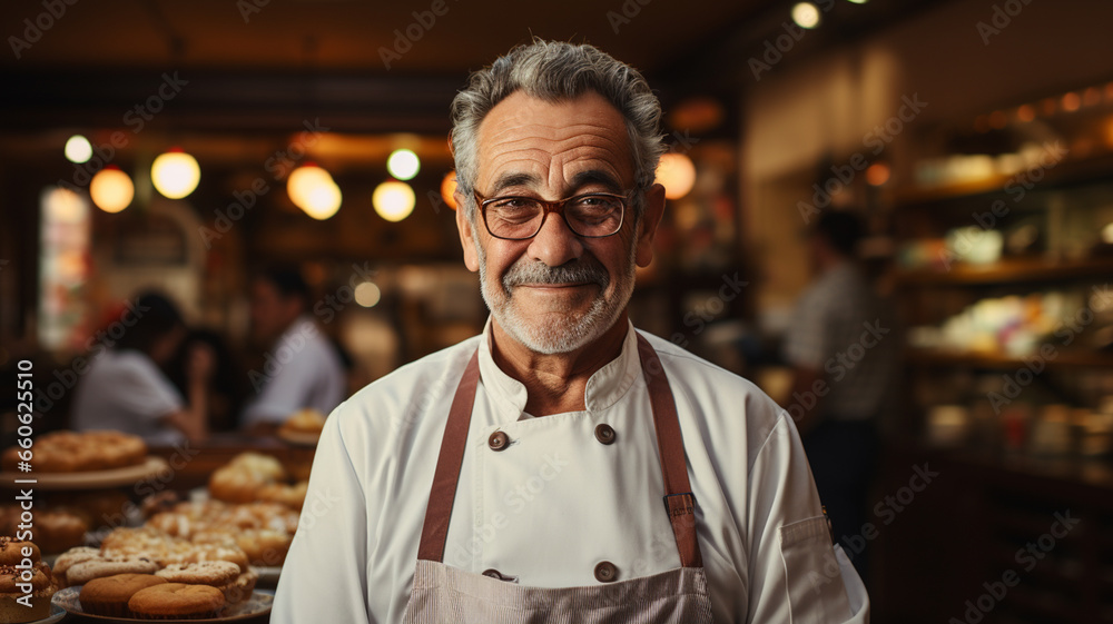 Fototapeta premium smiling senior male in apron standing near oven in bakery