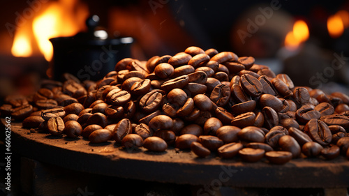 roasted coffee beans on wooden tray