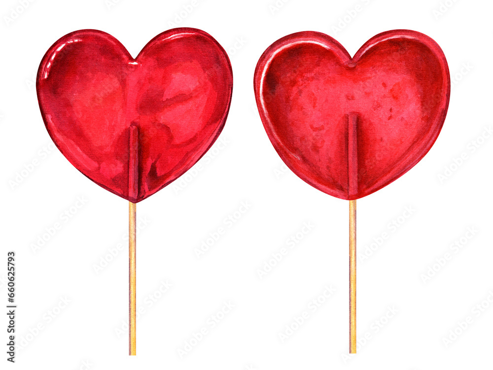 Transparent red caramel in the shape of heart Set of candies, bonbons, lollipop, sugar caramels on stick. Watercolor illustration for candy shop, store, postcard