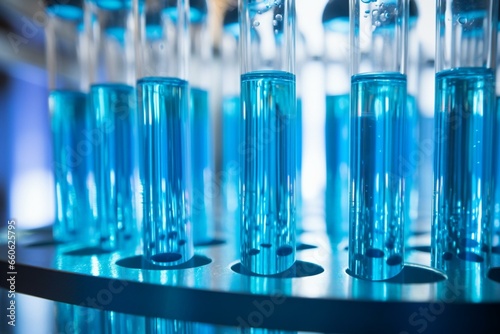 Closeup of vibrant blue liquid test tubes in a state-of-the-art laboratory, representing creativity and progress. Generative AI