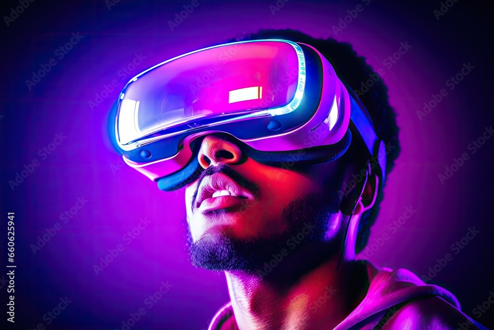 A man in a vr glasses in front of a neon background A man in a vr glasses in front of a neon background