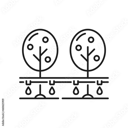Farm garden drip irrigation system icon. Agriculture drip water watering equipment, gardening sprinkling or farm irrigation automatic system minimal vector icon. Field aquaponics technology pictogram