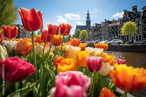 Vibrant tulips, Amsterdam canals. Generative AI