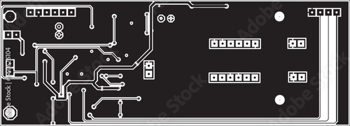 Tracing the conductors of a multilayer printed circuit board.
Vector drawing of printed tracks, transition holes,
contact pads and copper metallization areas.
Electronic circuit board with components