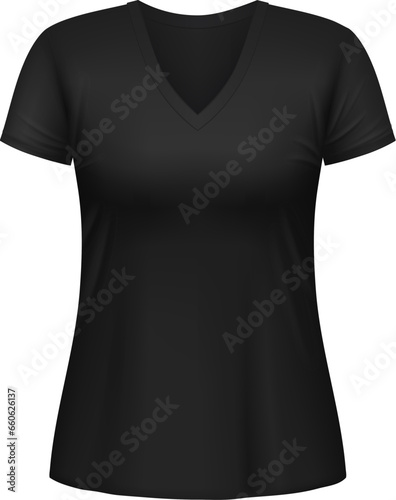 Black women tshirt isolated 3d vector apparel mockup. Realistic female garment, underwear clothes. Blank wear clothing design, outfit object with short sleeves and triangular neck line front view