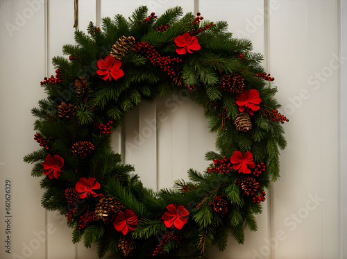 Cozy wreath long shot artificial light Christmas.