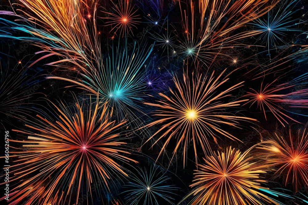 a chaotic and colorful abstract pattern resembling a fireworks display.