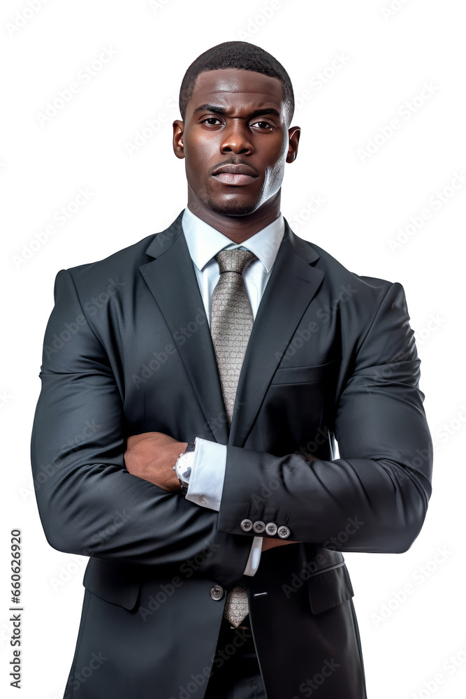 handsome african american business man in a suit with his arms crossed.isolated on transparent background,generative ai