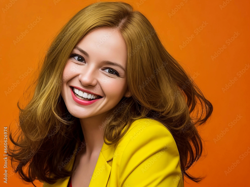 Beautiful model single business Women, who is smiling and laughing, Yellow bright clothes with solid color background, ai generated photo Beautiful model single business Women, who is smiling and laughing, Yellow bright clothes with solid color background, ai generated photo