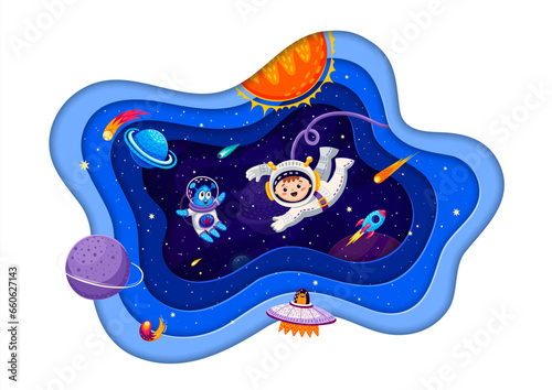 Space paper cut. Cartoon astronaut kid, funny alien, spaceship and starry galaxy playful and imaginative 3d vector scene. Cute boy spaceman flying in weightlessness with extraterrestrial creature