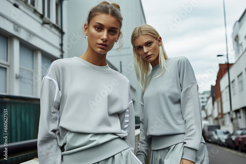 Two young women in white tops pose in front of a classic city building, showcasing modern fashion