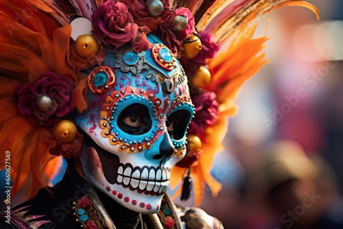 a close-up portrait during the festival of the dead, a beautiful face painted under the skull. Dia de los Muertos