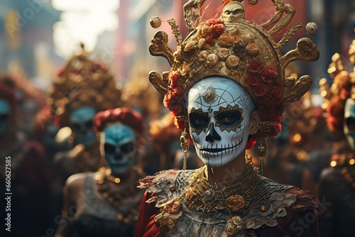 A close and personal portrait taken during the Dia de los Muertos celebration, portraying the captivating artistry of skull-themed facial makeup. © artem