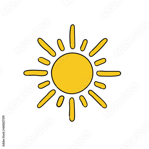 A hand-drawn cartoon sun icon on a white background.